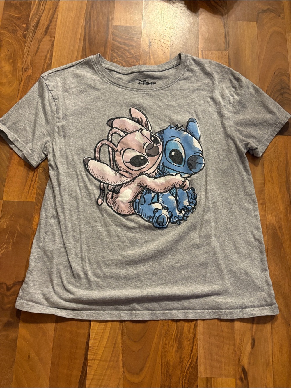 Disney Gray Tee with Blue Stitch and Pink Angel Graphic